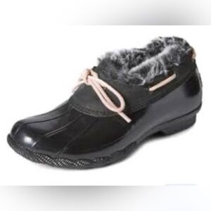 Sperry Saltwater 1-eye black with pink ties faux fur trim duck boots size 7